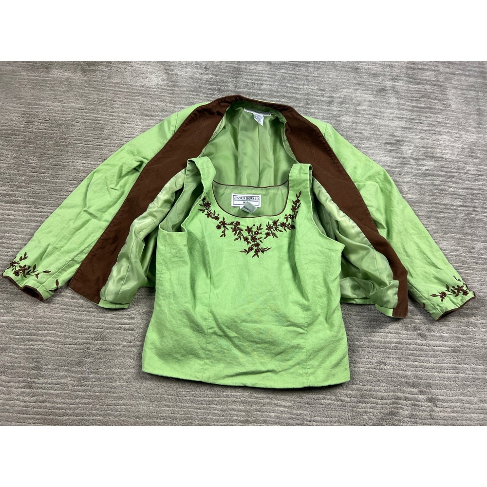 Jessica Howard Petite Green Linen Blend Embroidered Jacket and Top Set Size 12P